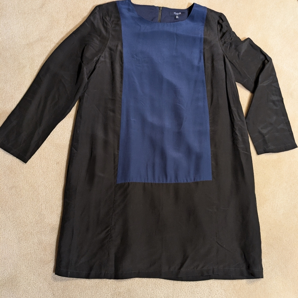 Madewell Women's Silk Blend Color Block  Black & Blue‎ Shift Midi Dress Size M